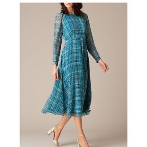 LK Bennett Magda Blue Plaid Silk Dress